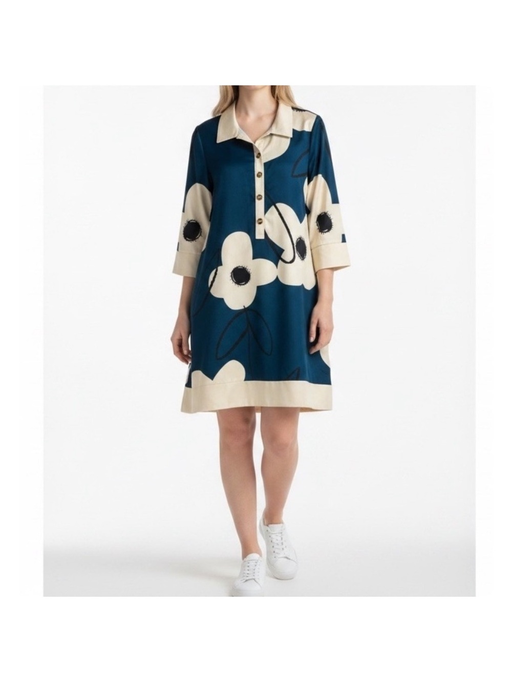 Floral Midi Shift Dress in Teal and Cream